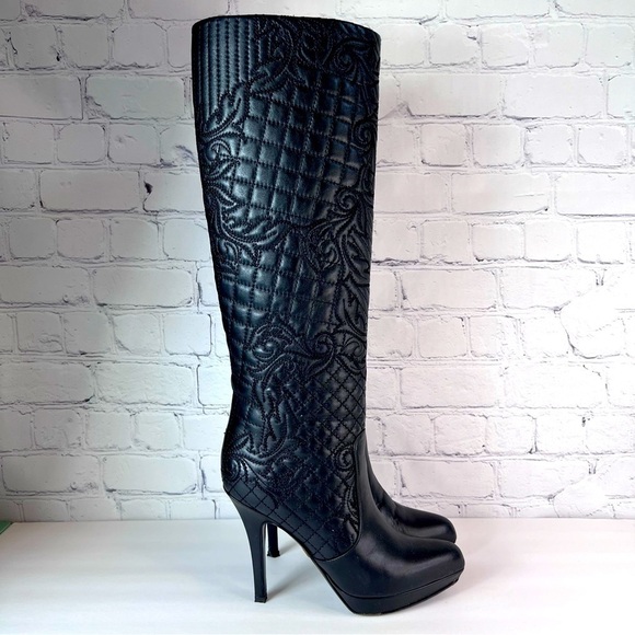 Versace Shoes - Versace Sexy Knee High Black Leather Quilted Stiletto Platform Heel Boots 35.5